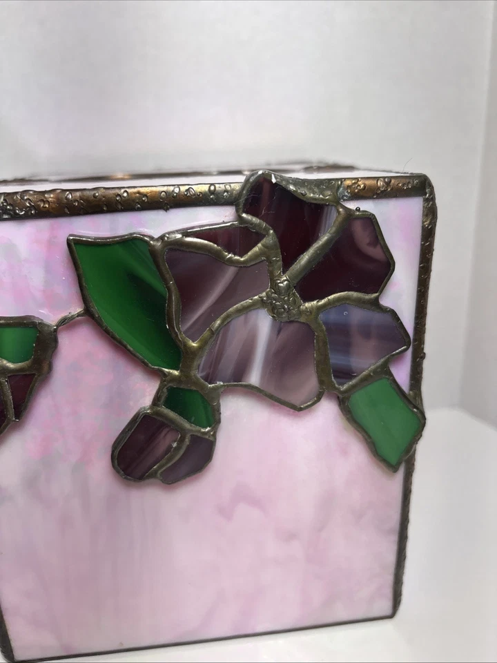 Caja de pañuelos de vitral con plomo cubierta flor hojas florales escoria de colección Foto 2 de 4