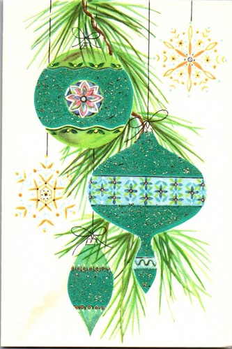 Flocked MCM Ornaments Pine Tree Snowflake  VTG Christmas Greeting Card
