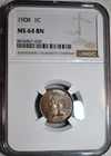 NGC MS-64 BN 1908 Indian Head Cent, Razor-Sharp w/ Blazing Mint Luster.