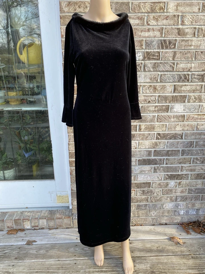 Vestido de terciopelo negro vintage años 80 cuello de piel sintética mangas campana talla S Kathie Lee Foto 3 de 4