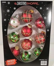 2011 The Christmas Shoppe Red Green Sparkle Plaid Dot Glass Ornaments 10pc  1.75