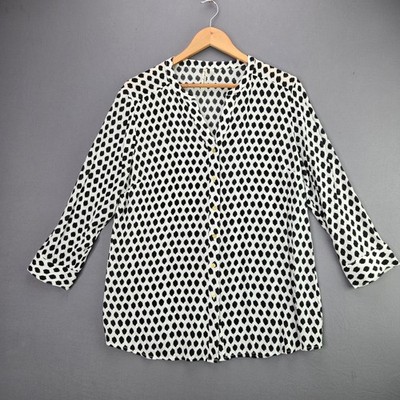 Grand & Greene Blouse Button Up Ikat Diamond L White Black Long Sleeve Rayon
