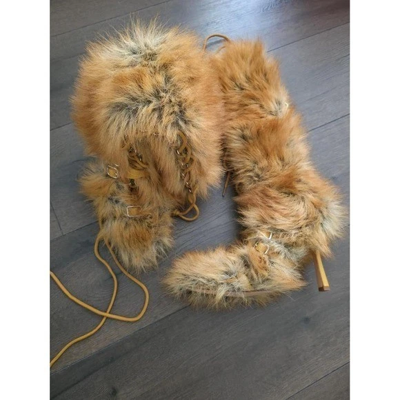 AZALEA WANG Akira LOURDANNE TAN FUR LACE UP STILETTO BOOT