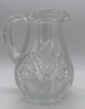 Etched Lead Crystal Pitcher Curved Spout Vintage Pinwheel Mint 8” Heavy 64oz