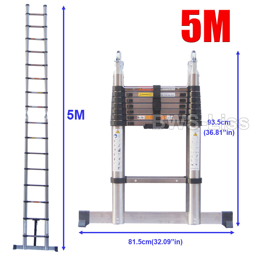 2.6M-5M Telescopic Ladder Heavy Duty Multi-Purpose Stainless Steel Extendable UK