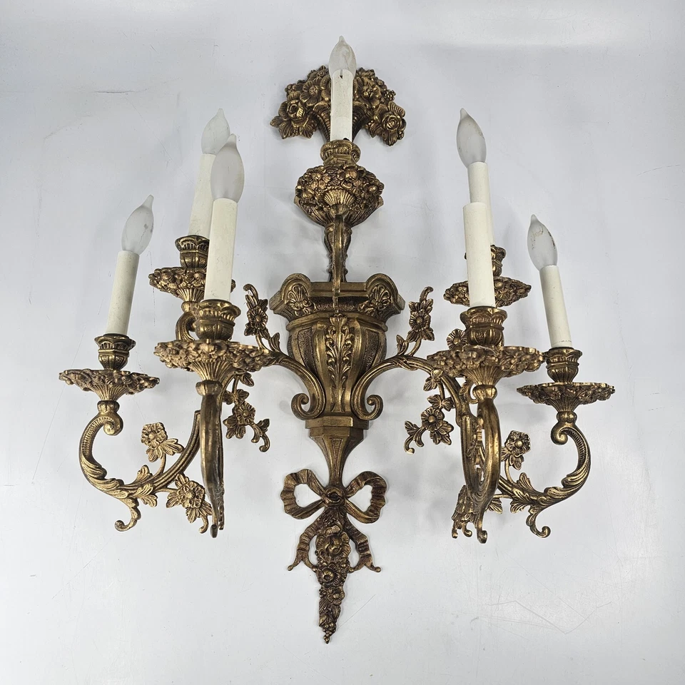 Aplique eléctrico de pared de bronce macizo/latón de 30" ornamentado vintage par de apliques de 7 brazos Foto 2 de 4
