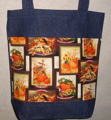 NEW Large Handmade Fall Autumn Pumpkin Harvest Squares Theme Denim Tote Bag