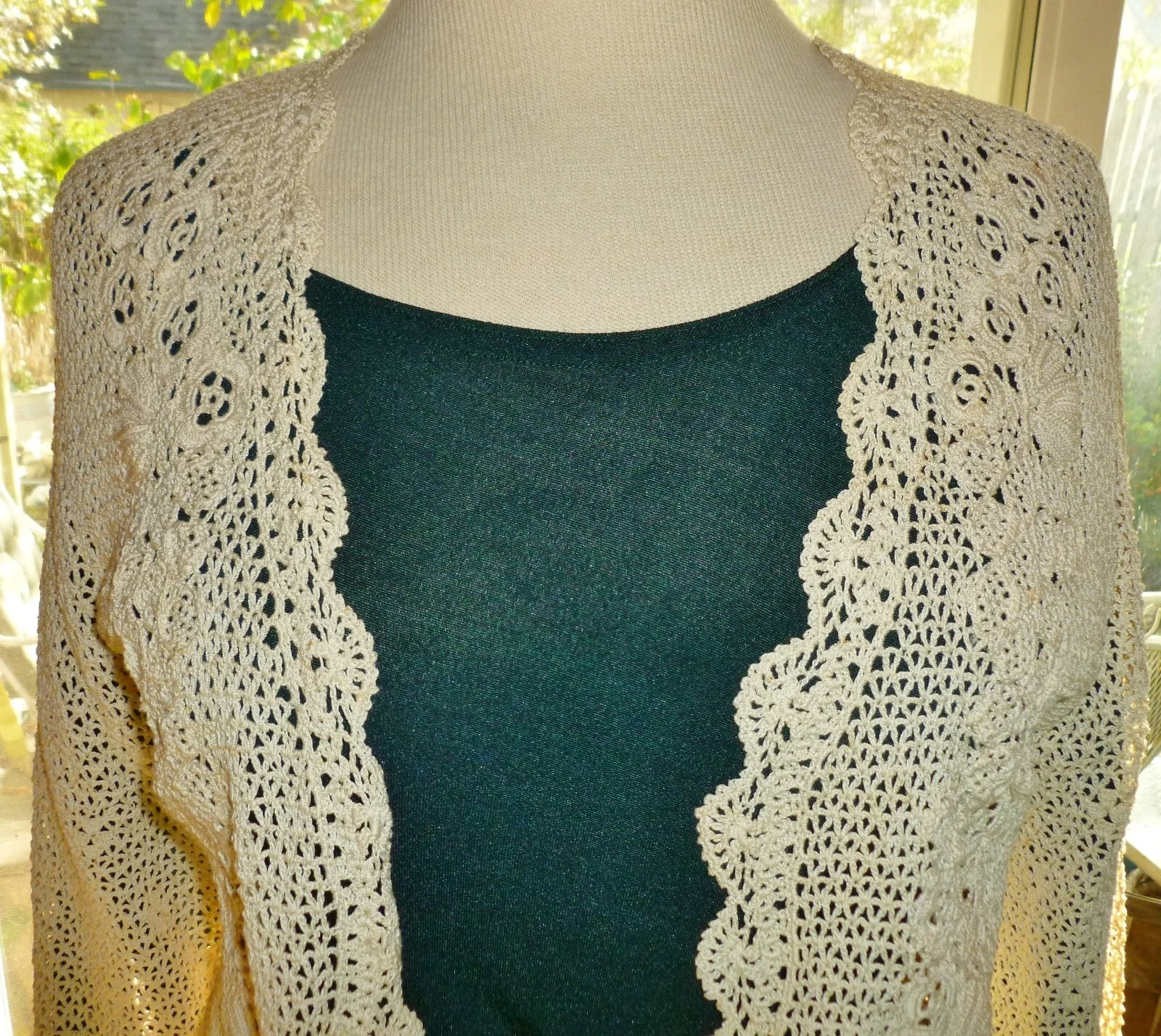 OFF WHITE Vintage Antico? GIACCA APERTA FINEMENTE LAVORATA A MANO ALL'UNCINETTO bianco sporco maniche a 3 4 ex