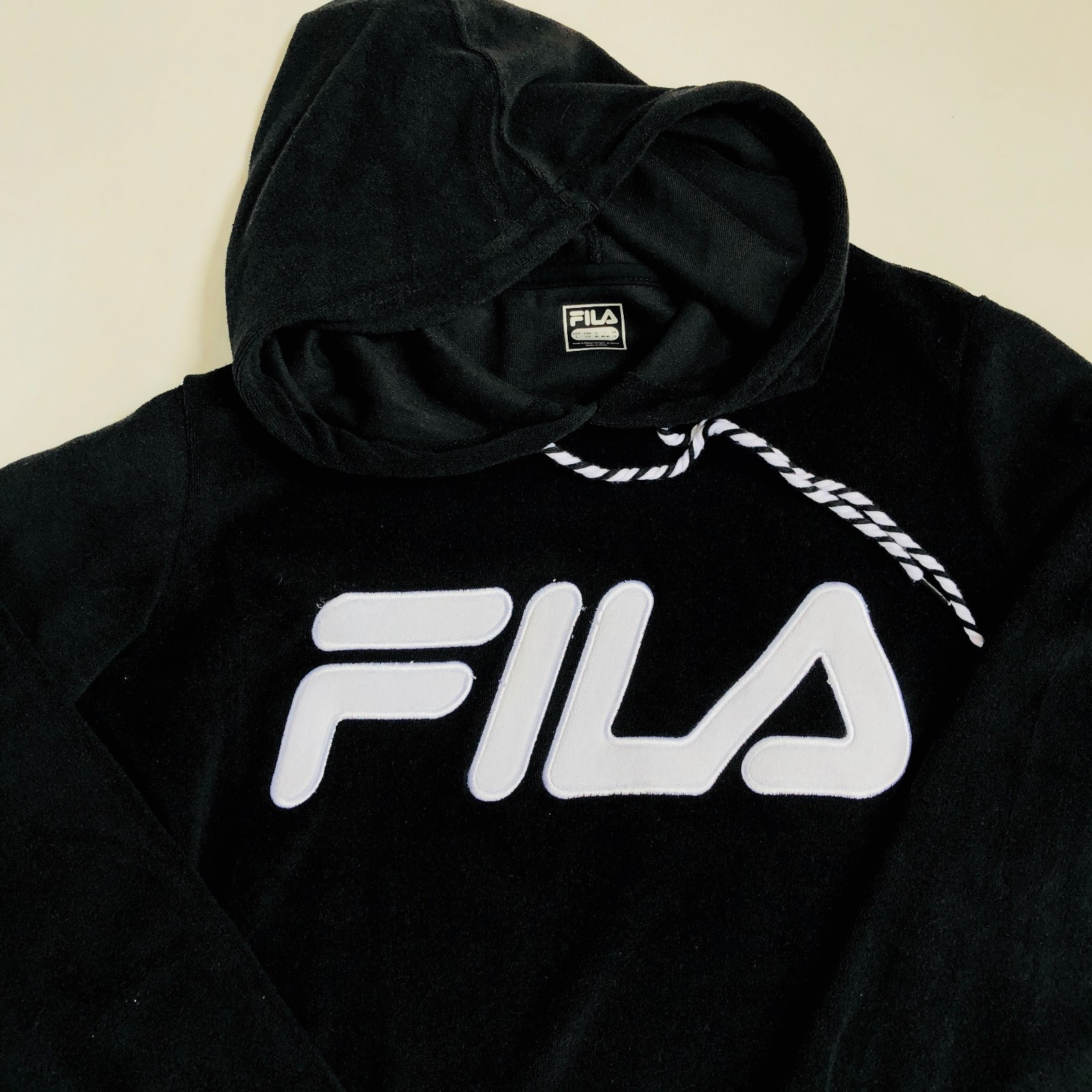 Felpa donna FILA logo nera con cappuccio spugna panno asciugamano pullover giacca nuova con etichetta