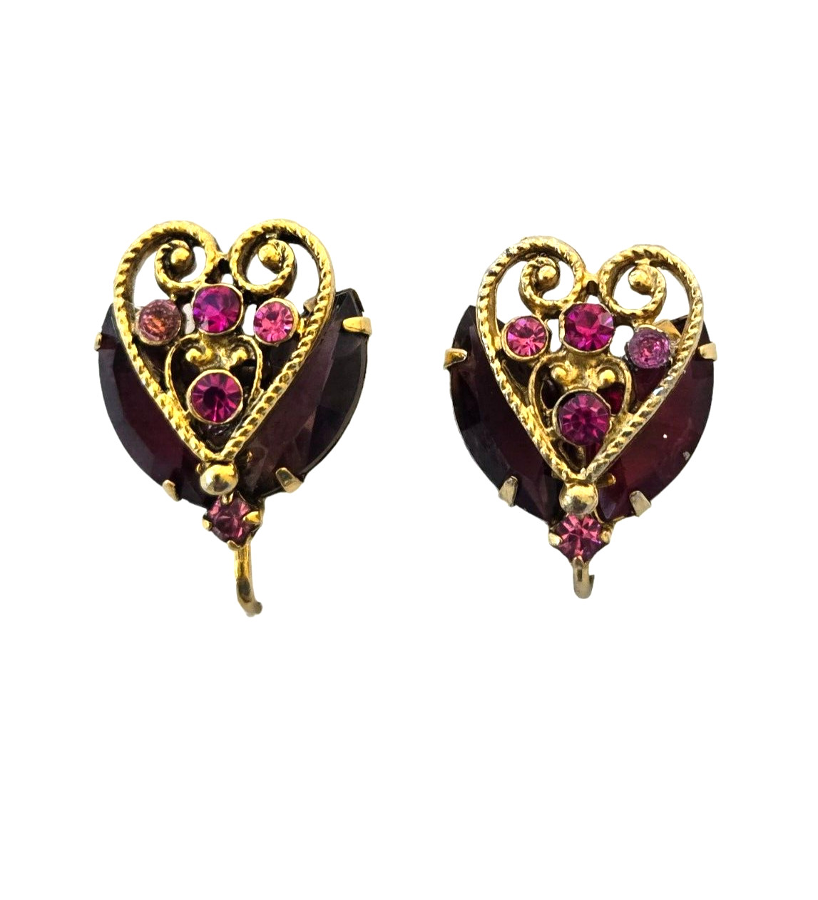 Vintage Gold Tone Filigree Heart Pink and Purple Rhinestone Clip Earrings
