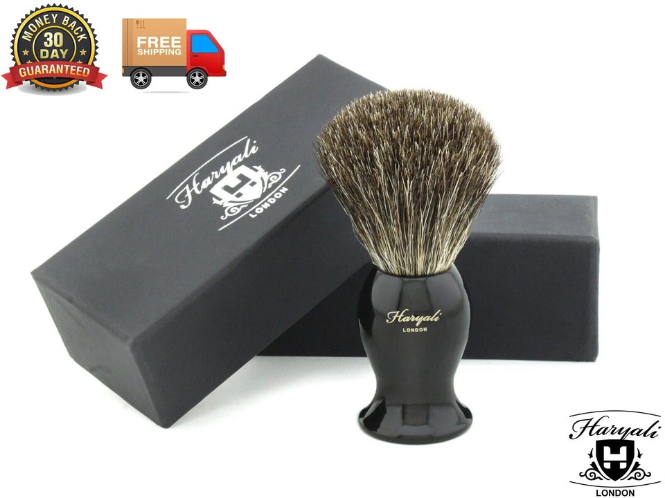HARYALI LONDON Men's Shaving Brush Pure Black Badger Hair Metal Handle Barber Beard Shave