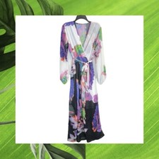 White w Multicolor Floral Print Sheer & Lined L/S Spring Summer Maxi Dress Wm Lg