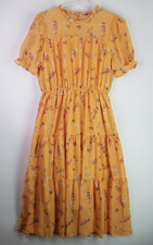 Vintage Style Midi Pleat Tiered Flared Flower Dress Womens M Orange Short Sleeve