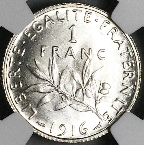 1916 NGC MS 66 France 1 Franc Sower Mint State WW I GEM Silver Coin (24121001C)