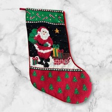 Santa Christmas Tapestry Needlepoint Xmas Stocking Handsewn w/ Candy Canes VTG