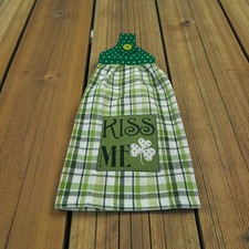 St. Patrick's Dishtowel "Kiss Me" Applique on Bright and Dark Green Plaid Towel