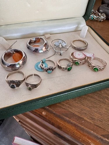 Vintage Lot 9 Pieces Sterling Silver Rings, Earrings, Pin  39.31 grams Approx.