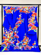 Japanese kimono SILK,"HIKIFURISODE",Birds,Pine leaf,Gold thread,L5'10",.4810