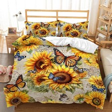 Sunflower Duvet Cover Set King Size, Butterfly Comforter Cover Set, Retro Yel...