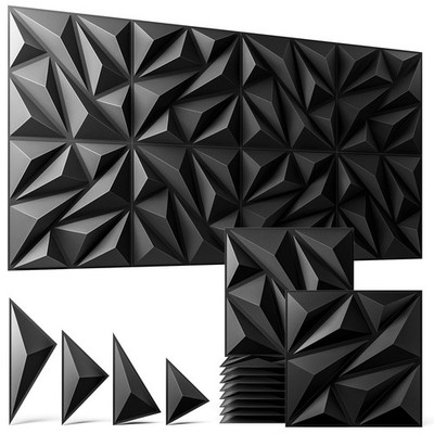 3D Wall Panels Black 16 Pack (Covers 15.5 Sq.Ft), 12'' x 12'' Diamond Texture P...