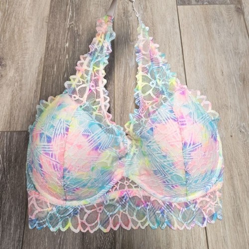 PINK Victoria's Secret Lace Halter Bralette Mulicolor Floral Women's Large DD - Picture 3 of 12