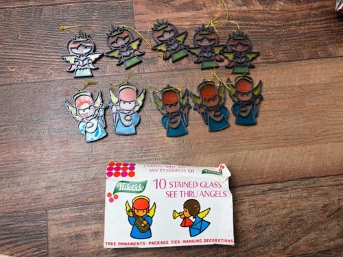 Lot of 10 Plastic Stained Glass Look Vintage Angel Ornaments Suncatchers Choir