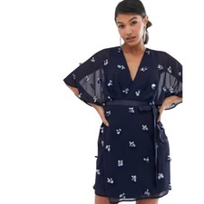 ASOS Navy Blue Embellished Flutter Sleeve Wrap Tie Dress V-Neck Size 8 Party