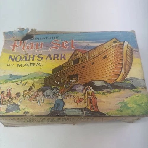 Vintage 1960's Marx Mini Noahs Ark Play Set Original Box Hand Painted Animals HK