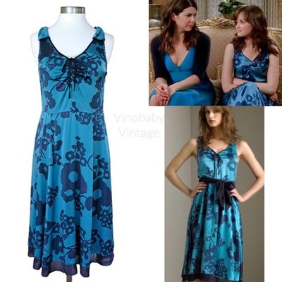 Vintage y2k MARC JACOBS Rory Gilmore Blue Floral Rose Pop Silk Midi Dress Size 2