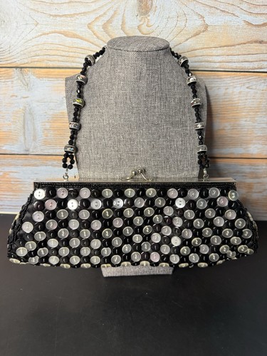 Y2K VTG Shoulder Evening Clutch Handbag black & white buttons silver tone beaded