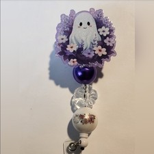 Ghost Badge Reel Beaded Badge Clip ID Holder Halloween Purple Spooky Vibes