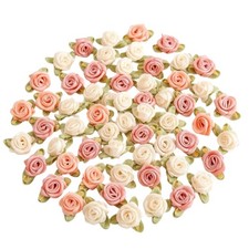 100 Pcs 15mm Mini Rose Flowers Satin Ribbon Bows Appliques DIY 15mm, Pink