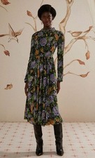NEW Farm Rio Black Capri Floral Midi Dress Size XL Shirred Long Sleeve High Neck