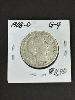 1908 D Barber Half Dollar Coin 50 Cent Silver Coin
