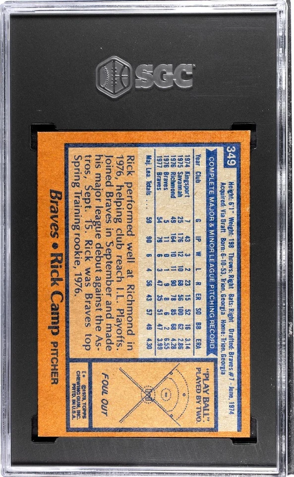 1978 Topps Rick Camp #349 SGC 9 MINT Atlanta Braves ⚾️ Free Shipping! - Image 2 of 2