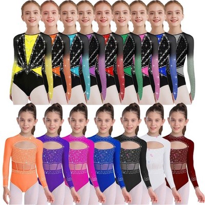 DE Mädchen Turnanzug Glitzer Gymnastikanzug Strass Glänzend Ballettanzug Langarm