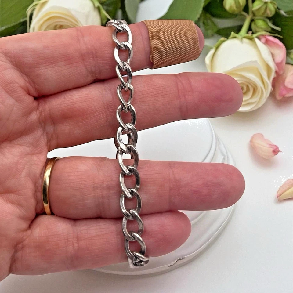 Коренастый браслет-цепочка из стерлингового серебра 925 пробы шириной 7 мм с кубинскими обочинами, 7 дюймов ~ 10,8 г - Изображение 4 из 4