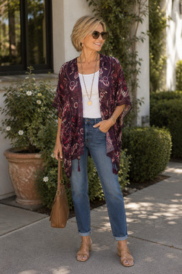 Chicos Covering Ruana Womens Small/Medium Floral Print Open Front Kimono Tassels