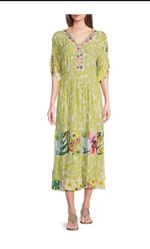 John Mark Green Floral Embroidered V Nk Midi Dress Ruch Sleeve XL NWT $139
