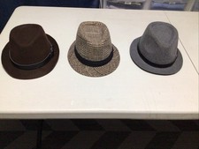 Lot 3 Brown, Plaid, Gray, Felt Trim Bendable Brim Fedora /Hat Mold Hats 58cm L