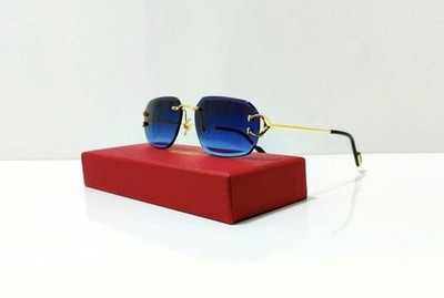 C Men's Rimless Square Sunglasses Gold Metal Frame Gradient Blue Plastic Lens