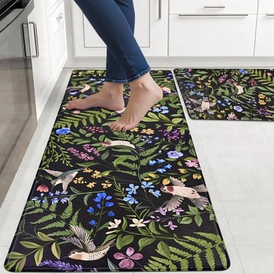 Yinhua Black Kitchen Mats for Floor Sets of 2, Floral Anti Fatigue Mats for K...