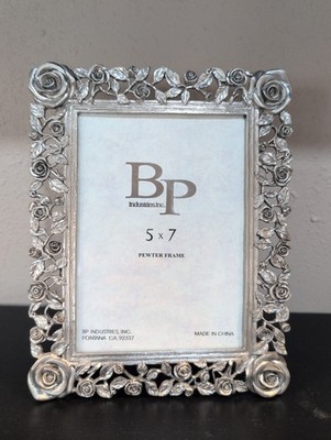 Pewter Table Top Picture Frame Rectangular 5''x7'' BP Industries - Rose Design 