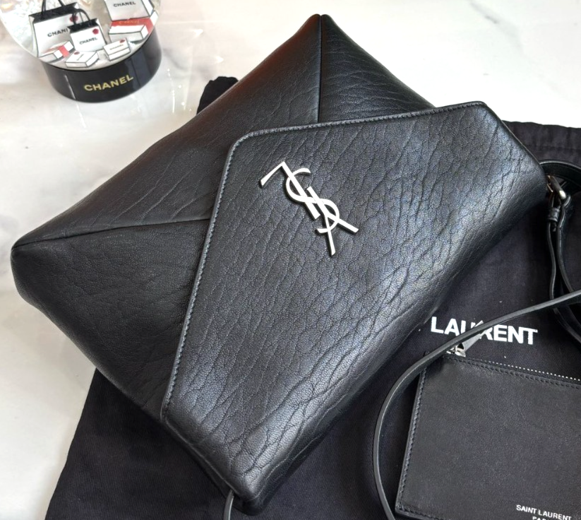 YSL Saint Laurent Cassandre Black Silver Lambskin Shoulder Crossbody Bag