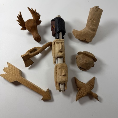 BSA 7 Pieces Whittled Wood Carvings Partially to Fully Complete Bird Axe SU-378