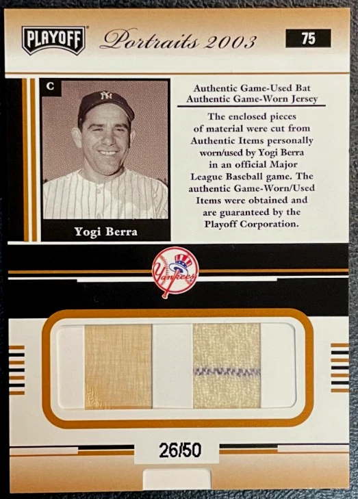 2003 Playoff Portraits Bronze #75 Yogi Berra Dual Relic Bat & Jersey #26/50! HOF - Image 2 of 2