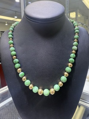Vintage Green Jade & 14k Yellow Gold Bead Necklace Platinum Lock With Diamonds