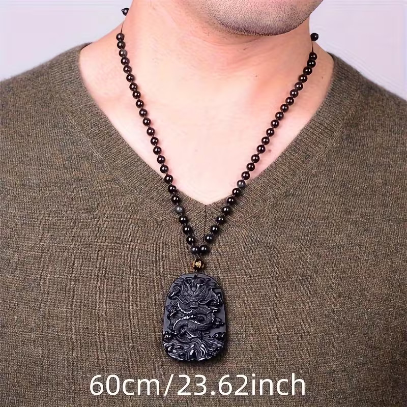 Obsidian Dragon Charm Pendant Necklace Beads Cord Handmade Carved Gemstone