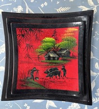 Set Of 3 Lacquered Plates - Gorgeous Oriental Design