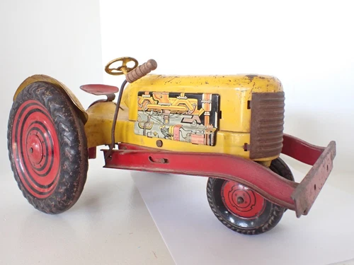 Vintage Large Marx Tin Lithograph Toy Tractor Yellow With Red No Driver